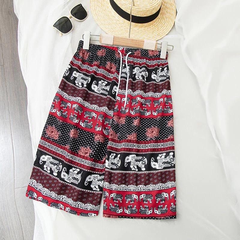 Elephant Pants Shorts Casual Adjustable Elastic High Waistband Strap Rope Women Men Unisex Print Thailand Streetwear Beach Bohemian Retro Vintage