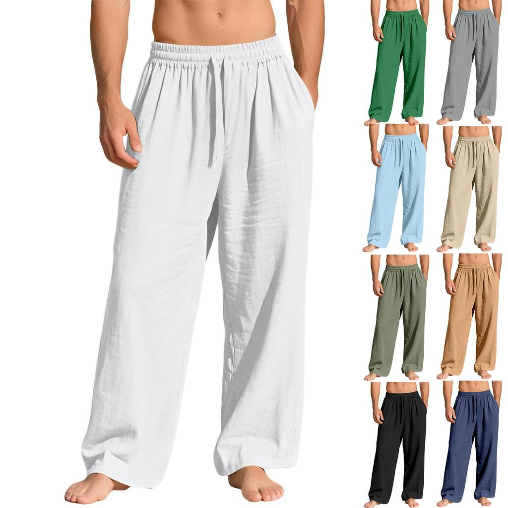 Men's Linen Wide Leg Casual Pants Breathable Loose Fit Trousers for Summer