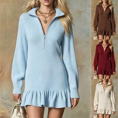 Women Half‑Zip Stand‑Collar Knit Mini Dress Long‑Sleeve Ruffle Hem Slim Casual Sweater Dress