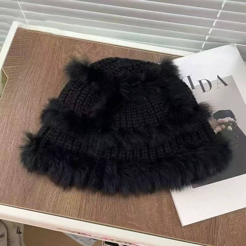 Plush Bag Head Showing Face Small Fur Bucket Hat Bag Face Knitted Hat Women'S Autumn And Winter Warm Wool Hat Cold