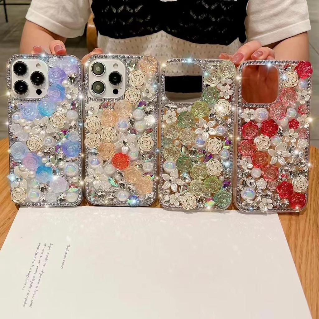 Pouzdro Fashion Bling Diamond Rose Flower Case pro Xiaomi Redmi Note 12 Pro Note11 Pro Note10pro K50 luxusní křišťálový kamínkový třpytivý DIY zadní kryt