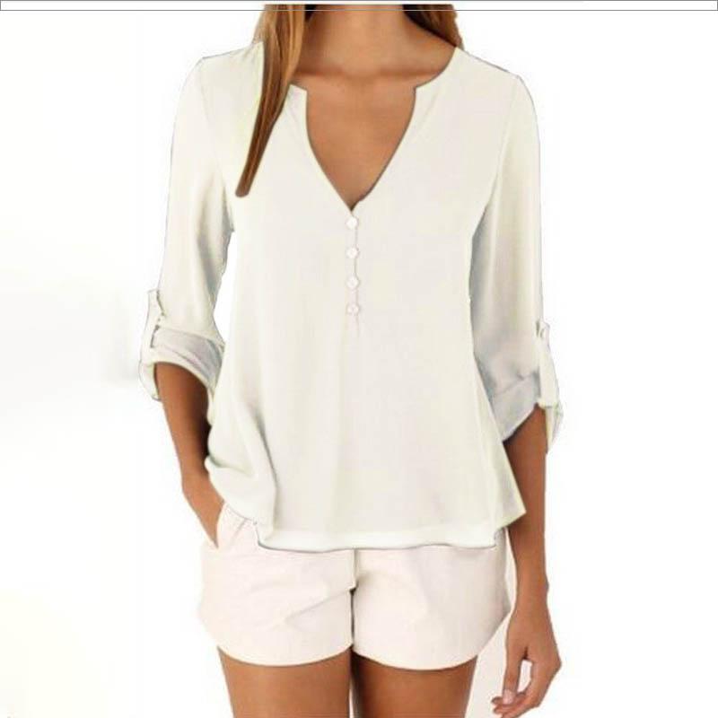 Women's V-Neck Blouse Plus Size Chiffon Shirt Long Sleeve Rollable Sleeve Loose Tops Casual T-shirt