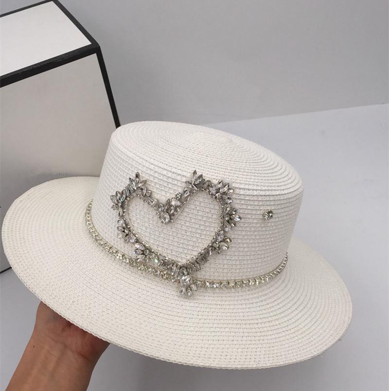 Summer Designer Heart Shape Rhinestones Chain Shiny Paper Grass Lady Fedoras Cap Women Panama Jazz Hat