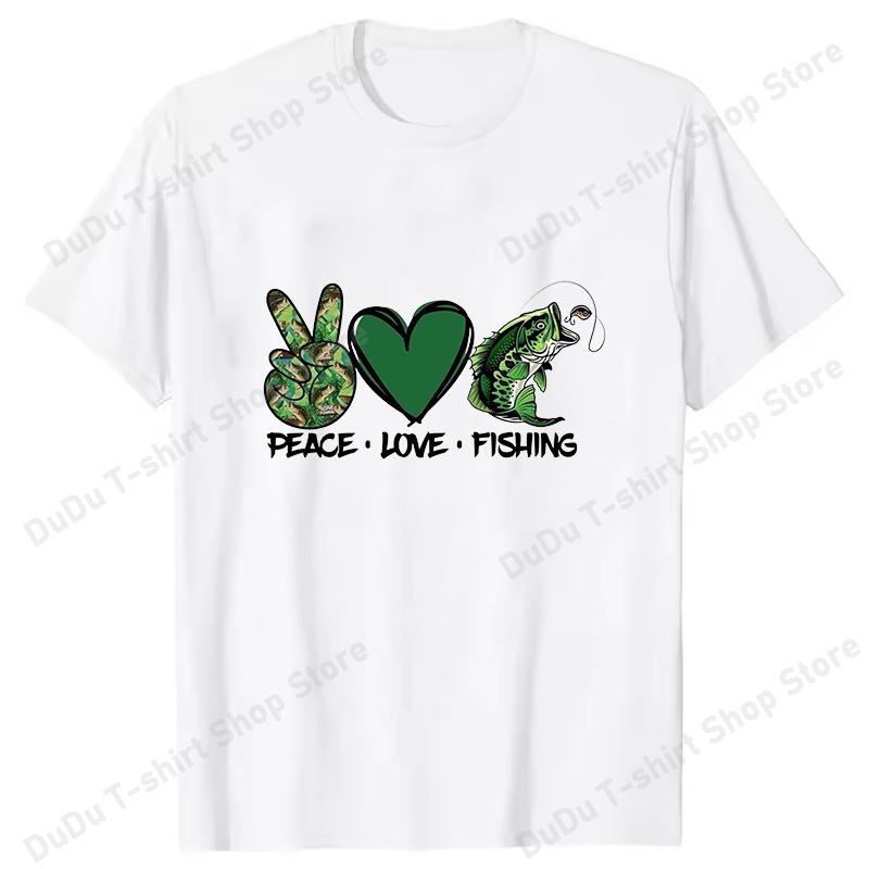 New Peace Love Fshing Printing Tshirt Women Unisex Tees Round Neck Tshirt Unisex Fishing Enthusiast Summer Short Sleeve Tops