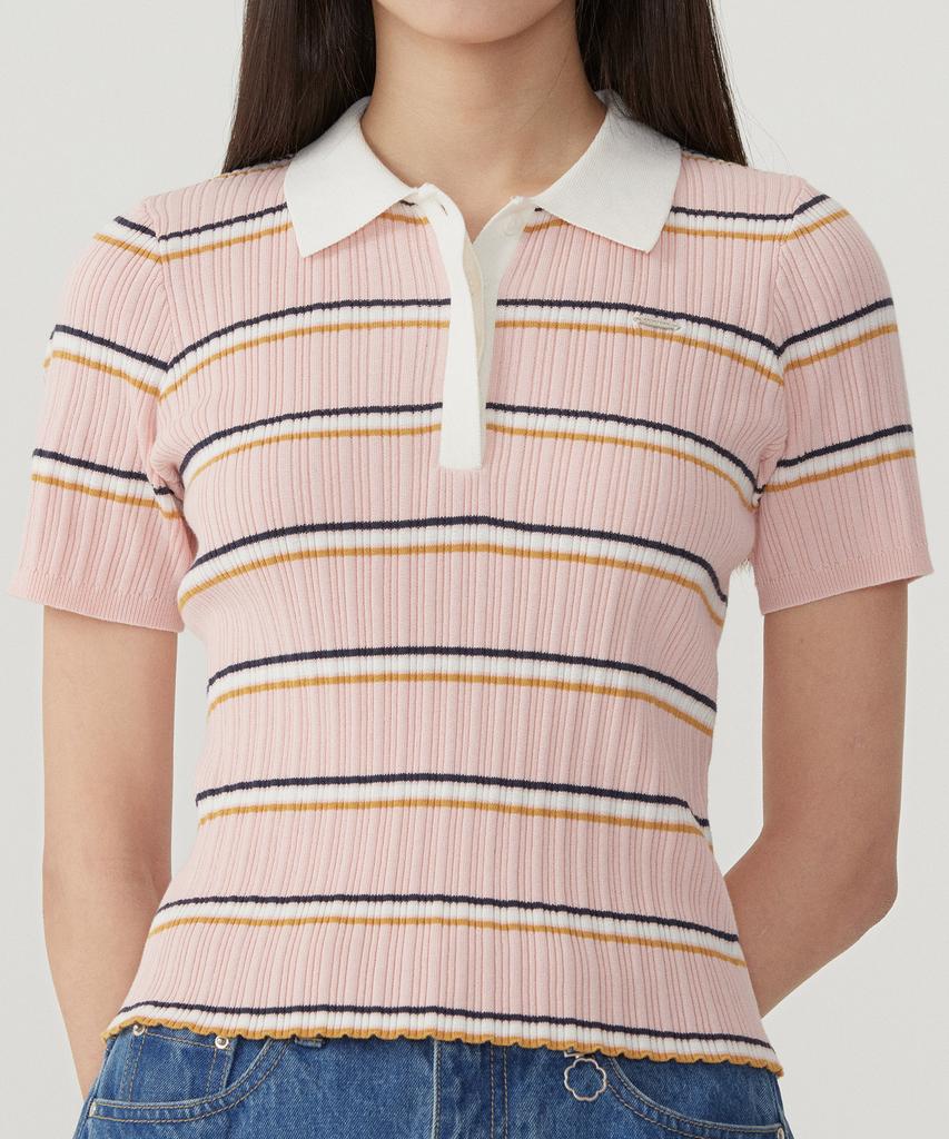 Covernat Woman Striped Collar Half Knit Pink