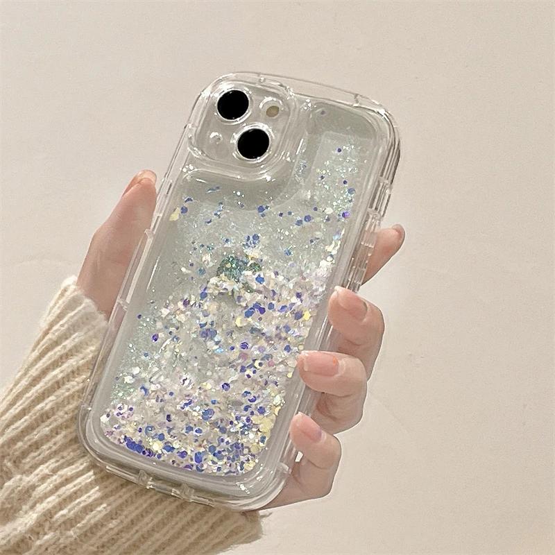 Glitter Fragments Quicksand Case for iPhone 16 15 17 Pro Max Back Cover Anti-fall Airbags Soft Silicone Shell Bumper Phone Funda