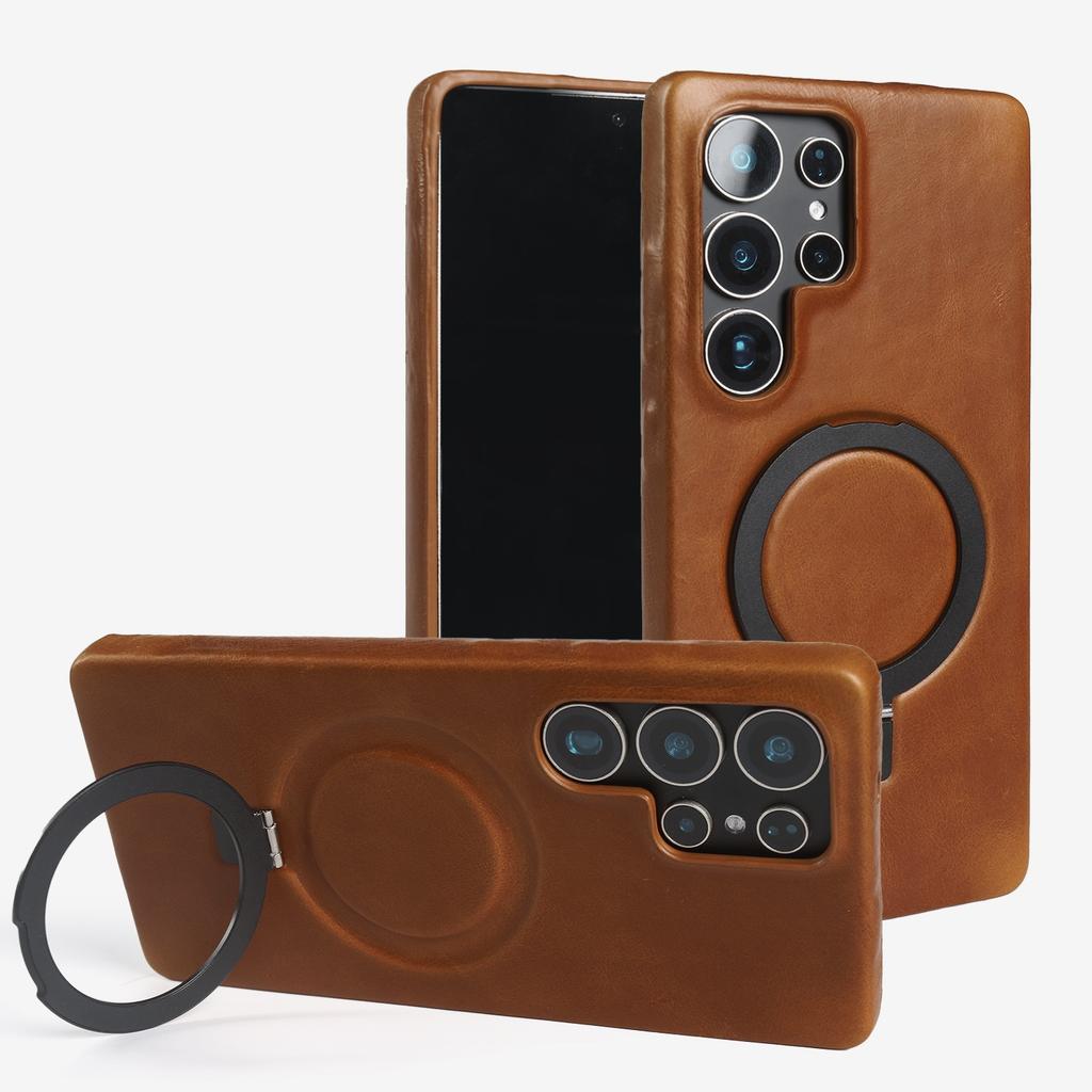 Custodia di Lusso con Anello Magnetico in Vera Pelle per Samsung Galaxy S25 Ultra S24 S25edg S23 S22 S21 S20 S23 Supporto a Staffa Custodie per Telefono