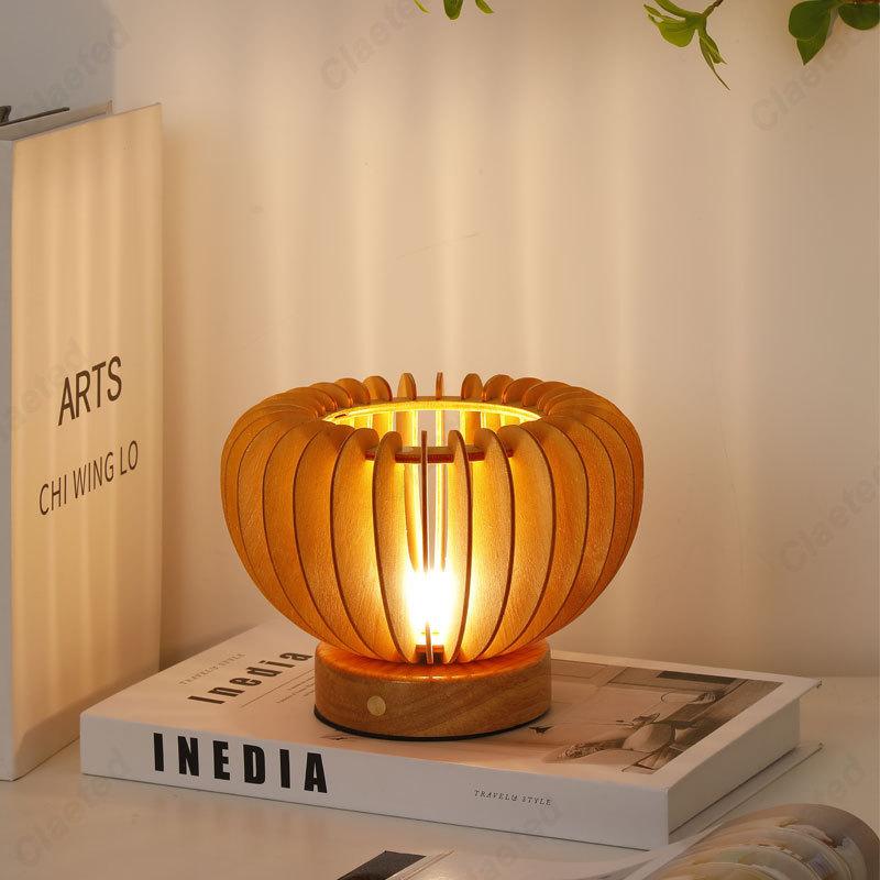 Retro and Minimalist LED Pumpkin Night Light Wooden Homestay Study Room Bedroom Charging Touch Atmosphere Night Light