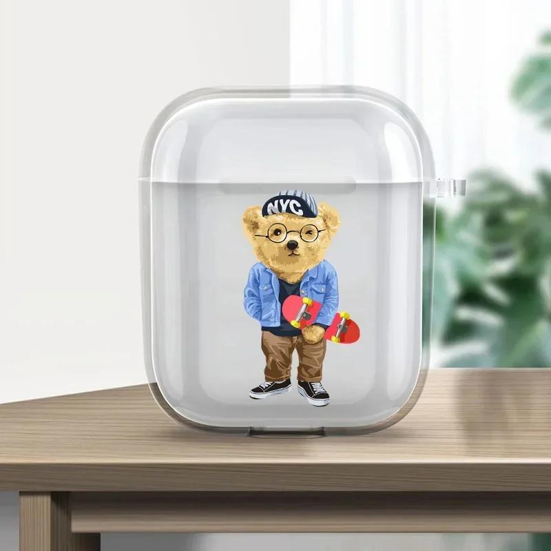 Teddy Bear Earphone Case For Apple AirPods 4 3 2 1 Clear Protective Funny Cartoon Animal Transparent Cover For AirPods Pro2 Case