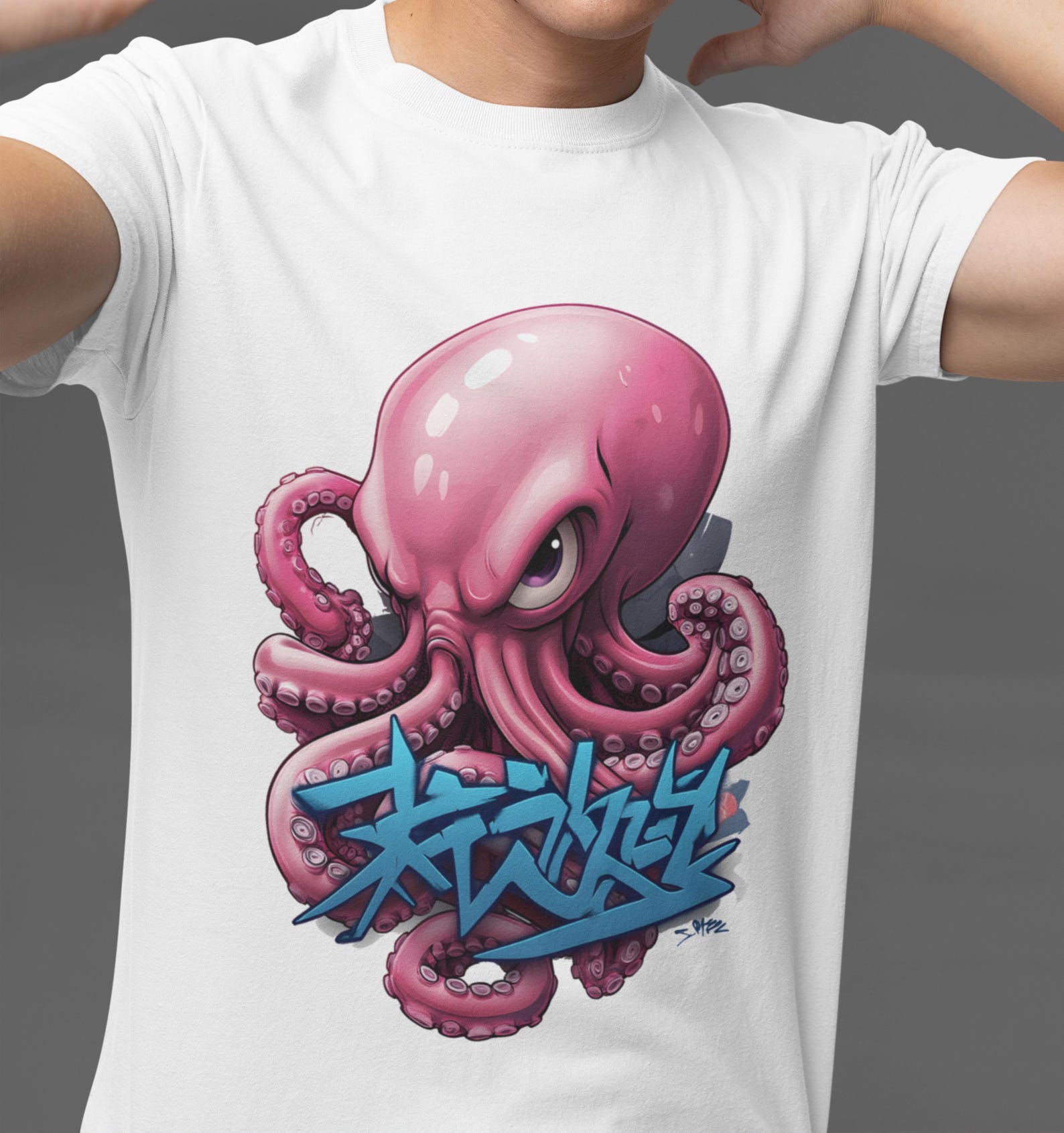 Pink Octopus Cartoon T-shirt: Graffiti Kanji Design S