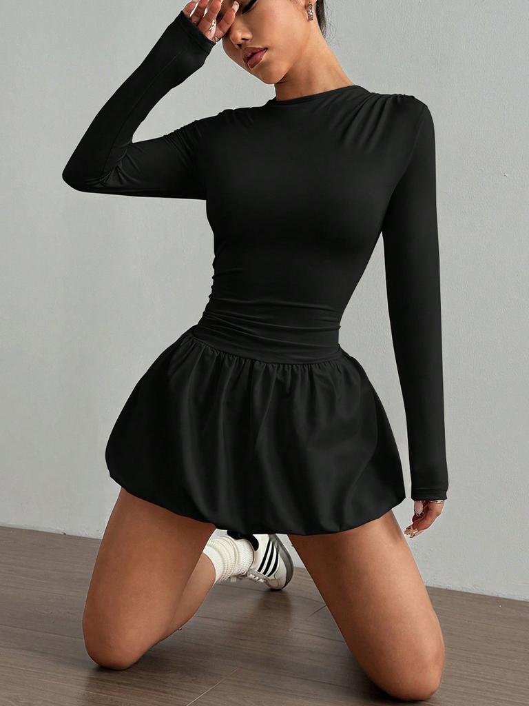 Neues Bordürenkleid Damen Langarm Slim Fit Elastisch Ballonrock