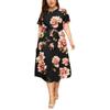 Women's Plus Size Printed Midi Dress - Round Neck, Short Sleeve, Waist-Cinched, European American Style