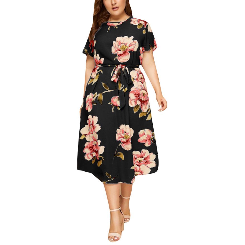 Women's Plus Size Printed Midi Dress - Round Neck, Short Sleeve, Waist-Cinched, European American Style
