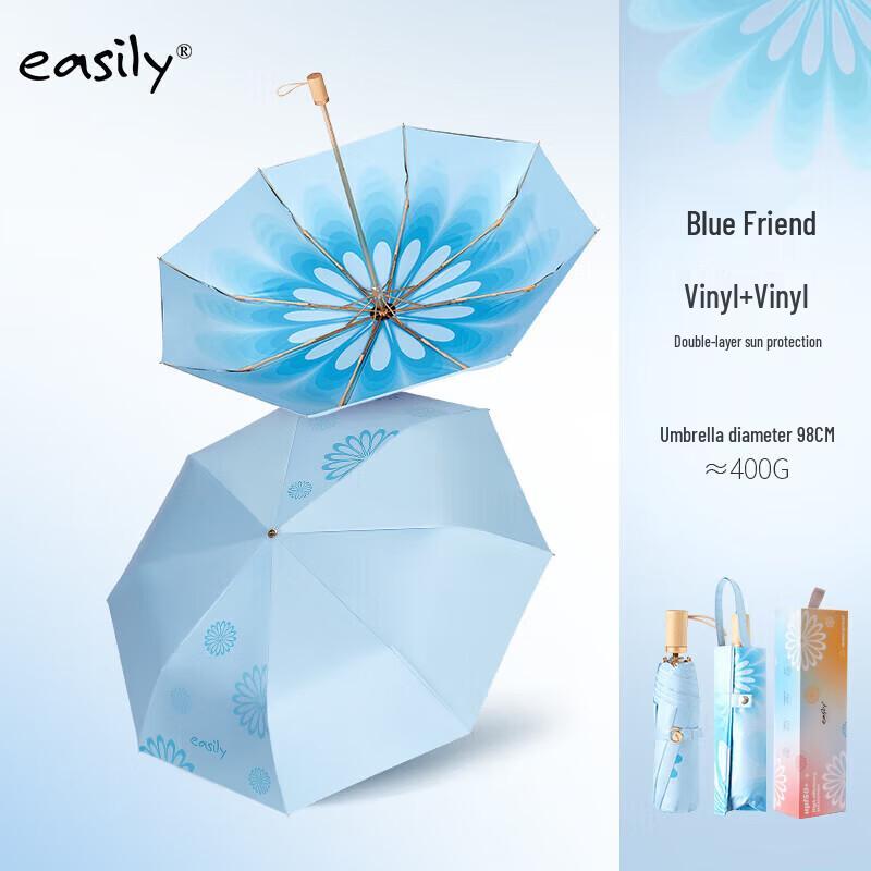 easily Wooden Handle Tri-Fold UV Sun & Rain Umbrella