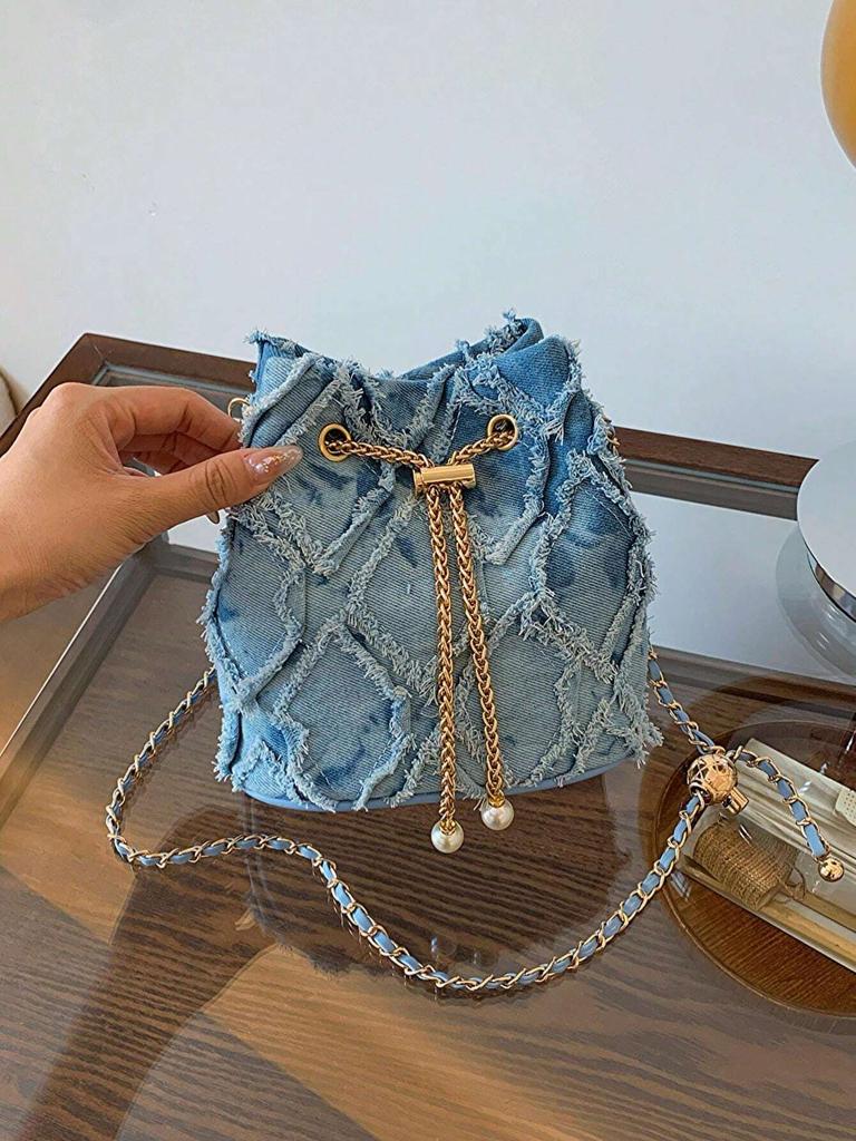 Fashion solid color plaid vintage denim crossbody bag pull rope open and close, suitable for women's daily travel-A-DH