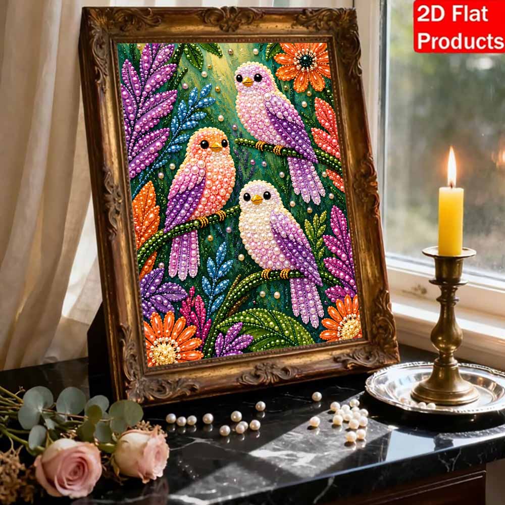 Beautiful Framed Pearl Painting Kit Cute Birds and Flowers Design DIY 3D Bead Art Canvas Creative Wall Decor Gift for Adults