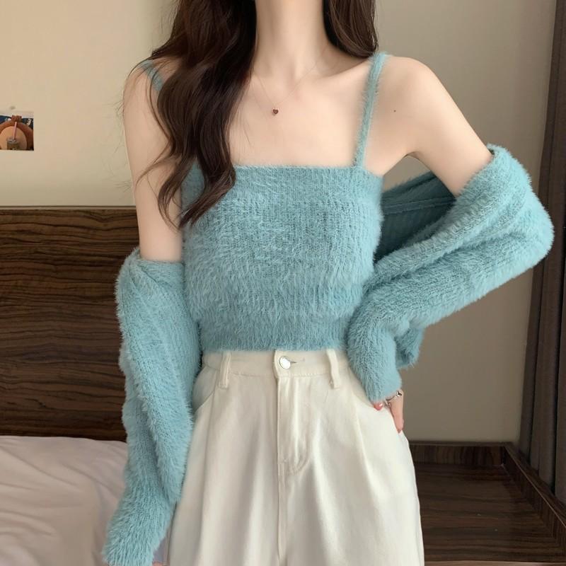 

Сексуальный кардиган на подвязках, состоящий из двух частей, женский топ с открытым пупком, однотонный, вязаный свитер-куртка из искусственного норкового бархата, женский короткий 49-11 (one size)