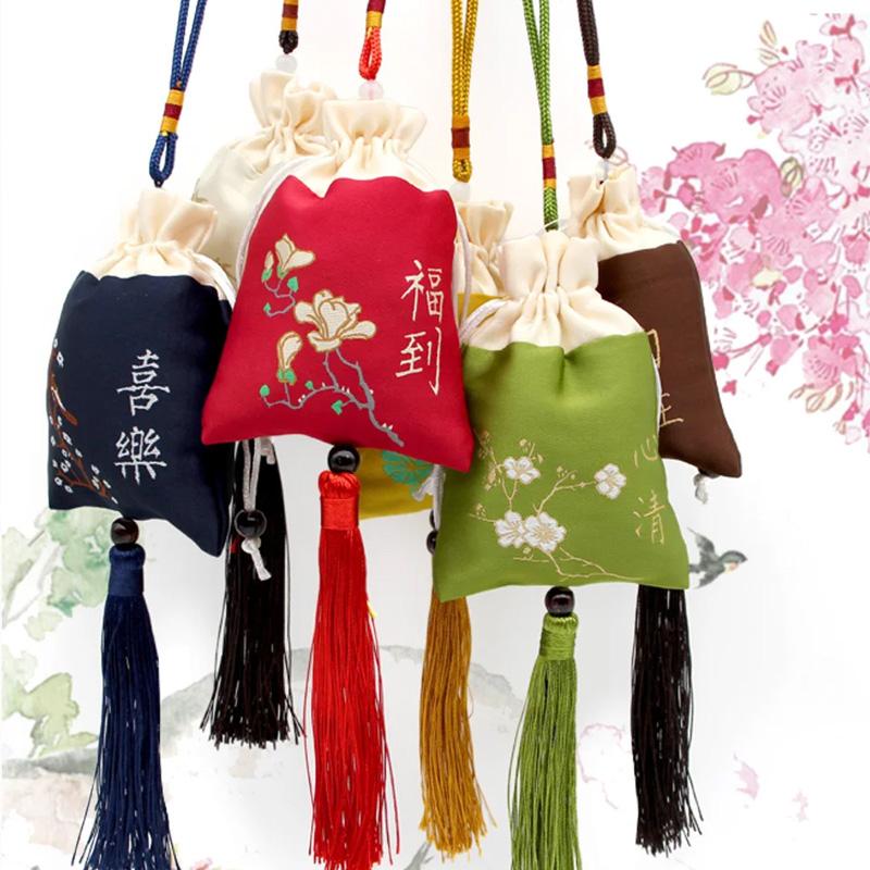 1PC Woven Embroidered Silk Style Sachet Bag Stitching Tassel Drawstring Bag Reusable Lotus Plum Flower 8x12CM