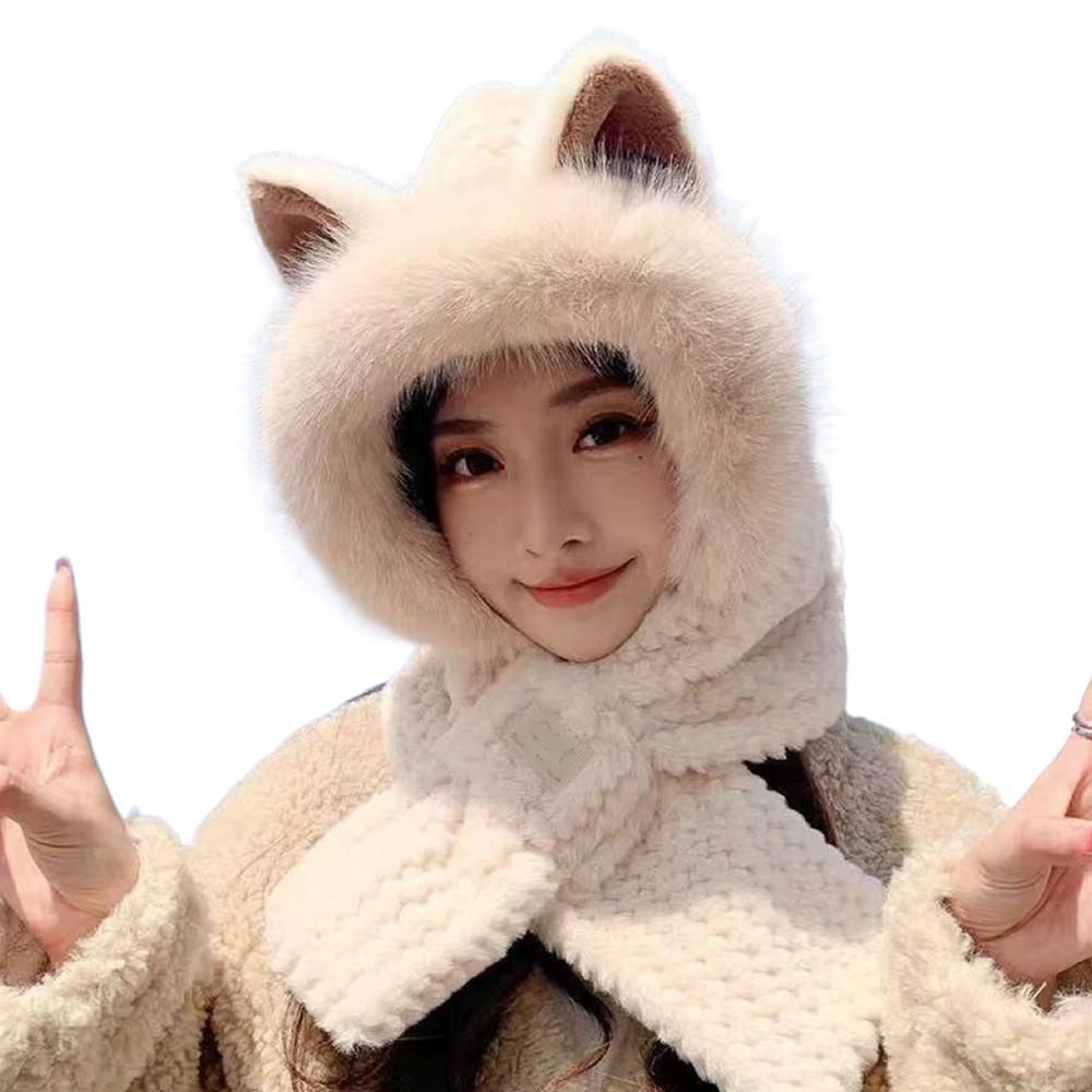 Cute Fox Ears Plush Baotou Ear Protection Winter Warm Hat Collar Scarf Integrated Winter Autumn Winter