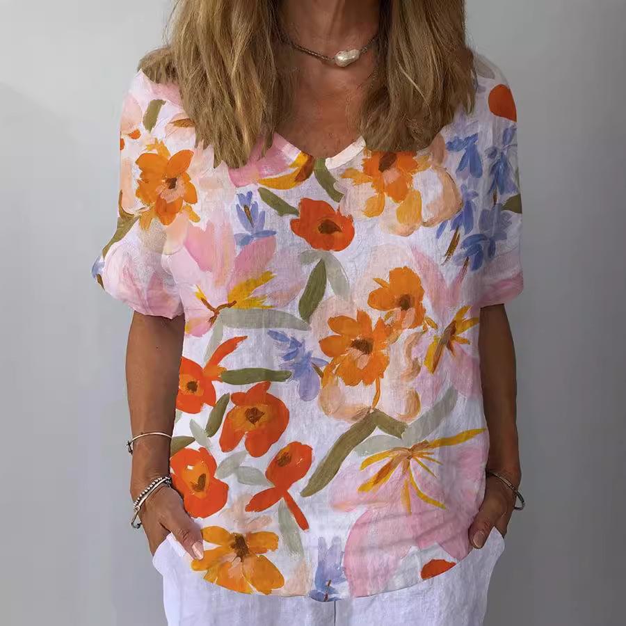 Summer V-neck 3D Flower Printed Top Fashionable Casual Short Sleeved Women's T-shirts