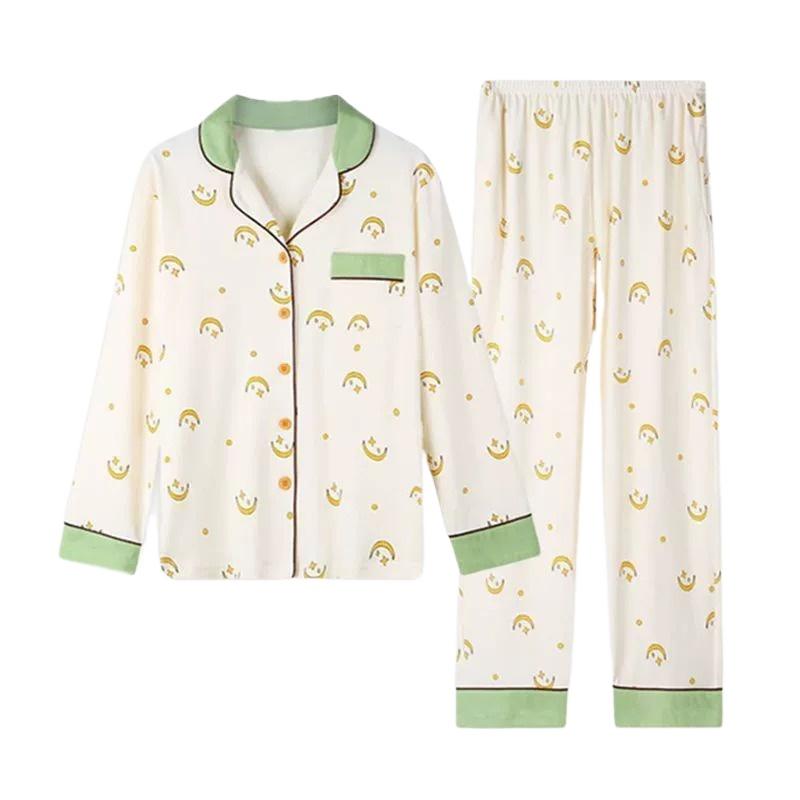 Pigiama in Cotone da Donna Primavera e Autunno Manica Lunga Indumento Esterno Servizio Casalingo Coreano Completo Camicia e Pantaloni a Manica Lunga