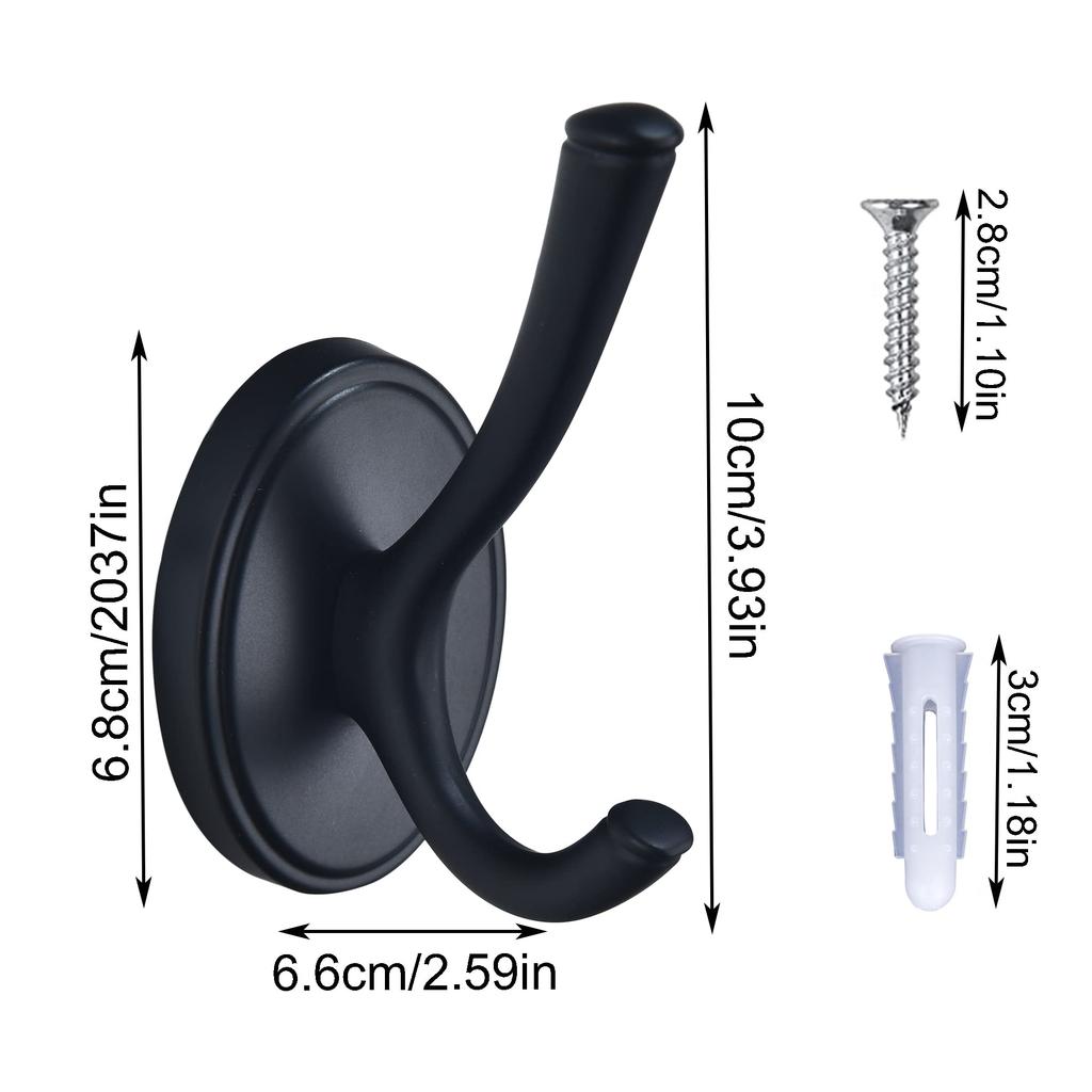 Black Coat Hooks 4-Pack Modern Metal Double Robe Hooks for Bathroom Bedroom Kitchen Hotel Garage - Wall-Mounted Towel Hooks with Space Aluminum Black