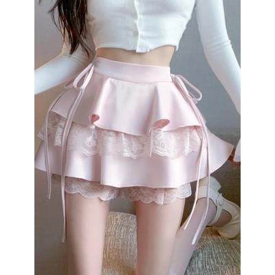 Jupe mini rose vintage douce pour femme, à lacets, style japonais, Lolita Kawaii, jupe gâteau, dentelle, coréenne, mignonne, fée, automne 2024