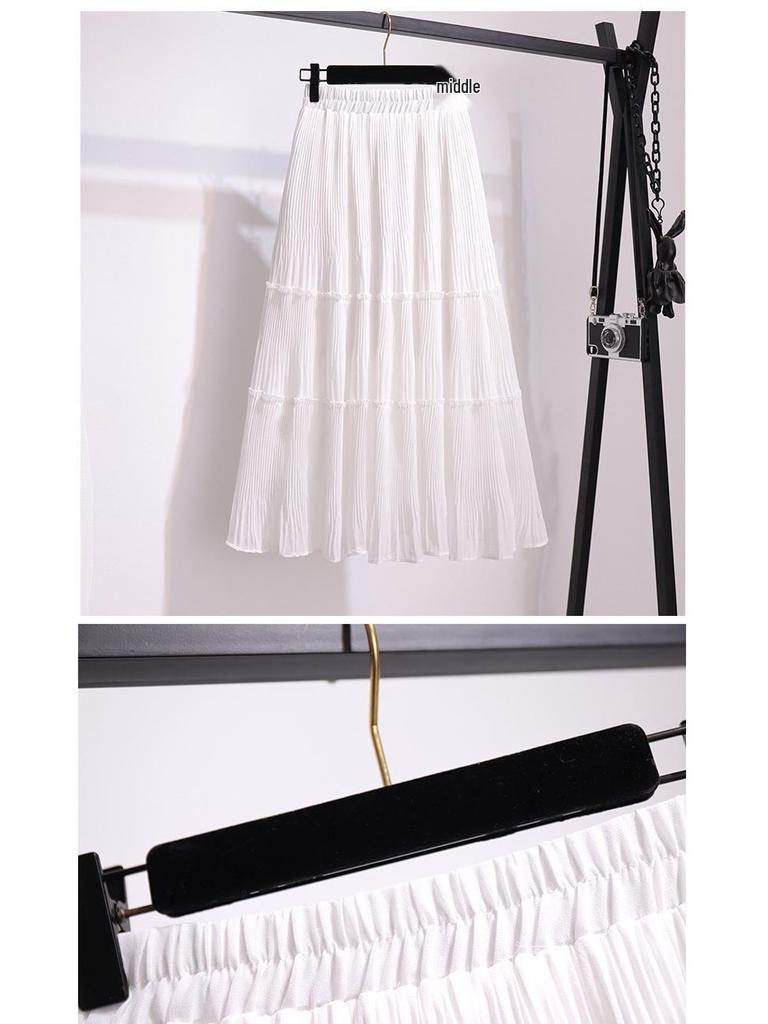 Chiffon Pleated High-Waist Midi Skirt for Spring/Summer 2024 - Solid Color, Loose, Mid-Length Skirt for Women