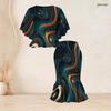 Women Plus Size Two Piece Set Round Neck Batwing Sleeve Ruffle Hem Top Black Gold Printed Fishtail Skirt