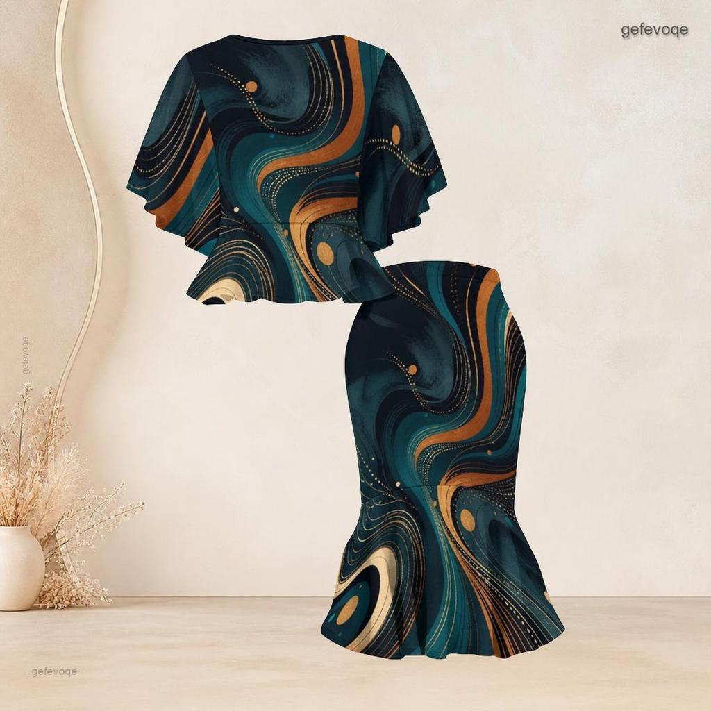 Women Plus Size Two Piece Set Round Neck Batwing Sleeve Ruffle Hem Top Black Gold Printed Fishtail Skirt