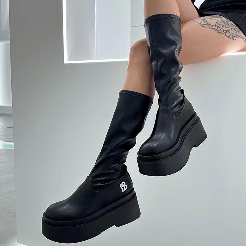 Round Toe Shoes for Women Wedge Heel Footwear Platform Leather Winter Knee High Shaft Long Ladies Boots Spring 2024 on Promotion