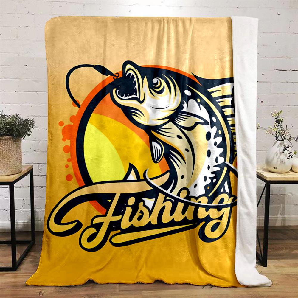 Fishing Graphic with Sunset and Hook Design Flannel blanket for bedroom, living room, sofa, and nap sofas.