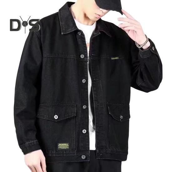 

Мужская джинсовая куртка с лацканами, длинный рукав, куртка, пальто с большими карманами, весна-осень, застежка на пуговицы, верхняя одежда карго XXL чёрный
