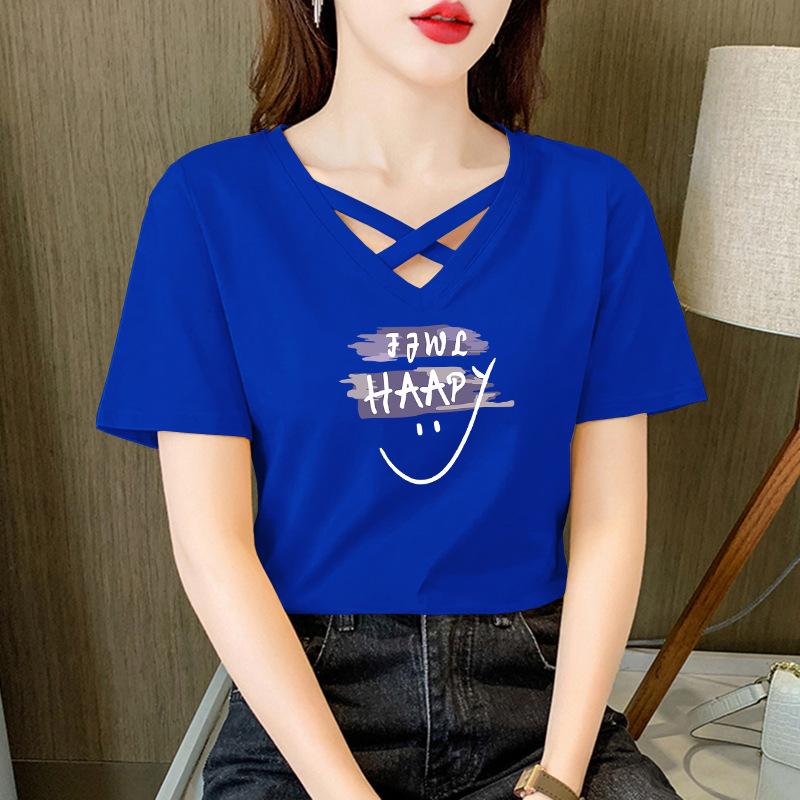 

Летняя женская повседневная хлопковая футболка с V-образным вырезом в корейском стиле 2024 L [90-105 lbs recommended]