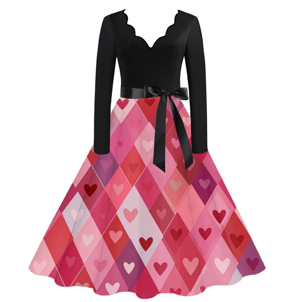 Women's Casual Fashion V,neck Valentine's Day Print Retro Dress
