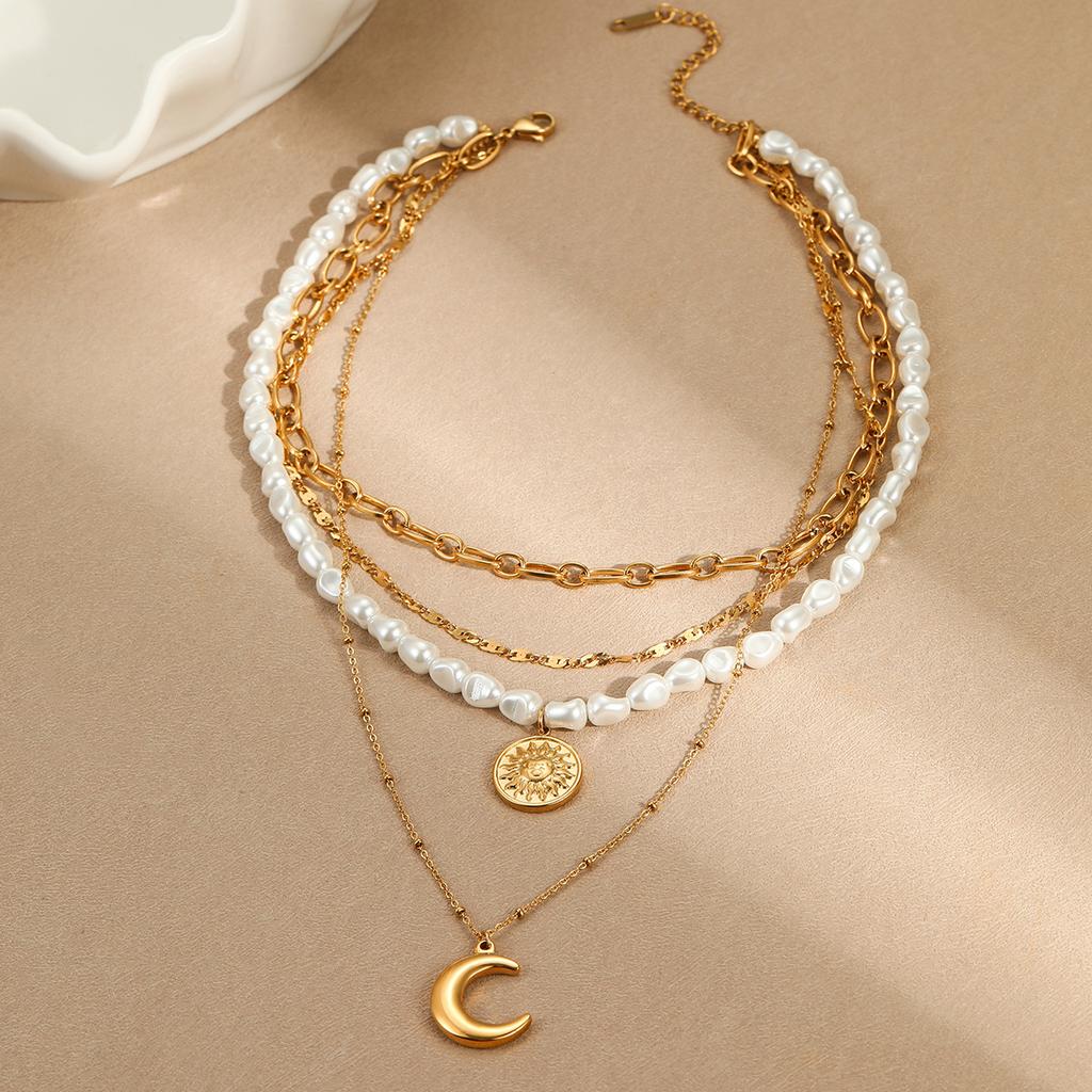 GEMCHIC Women's Layered Baroque Pearl Necklace Gold Sun Moon Pendant Chain Choker Fashion Jewelry