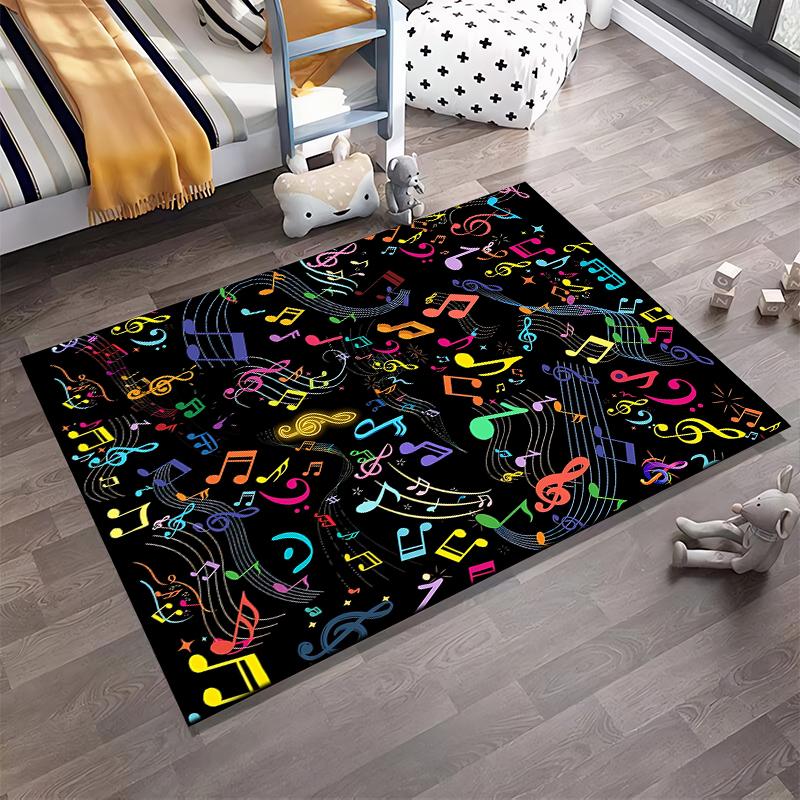 Colorful Musical Notes Pattern Carpet, Black Background Home Decor Suitable for use as an anti-slip for living room bedroom sofas