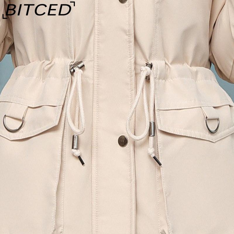 BITCED Women's Fleece-Lined Thickened Puffer Coat - Short Winter Style with Large Fur Collar, Slim-Fit and Flattering Cotton-Blend Outerwear