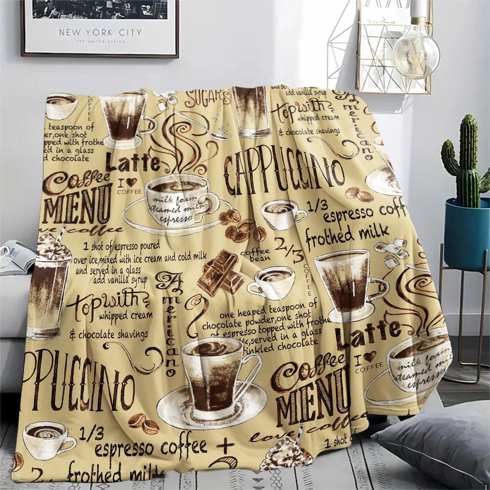1Pc Coffee Print Flannel Blanket, High quality Comfortable for All Seasons, Home Decor, Warmth and Comfort, Perfect for Gifts