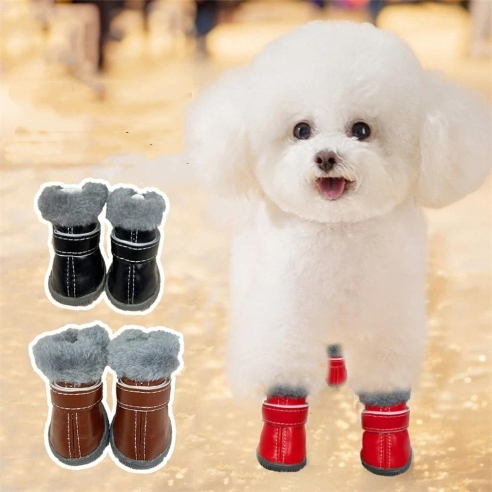 4PCS Plush Winter Pet Dog Shoes Non Slip Anti-Freezing Waterproof Dog Boots PU Leather Warm Dog Fleece Shoes Outdoor Use