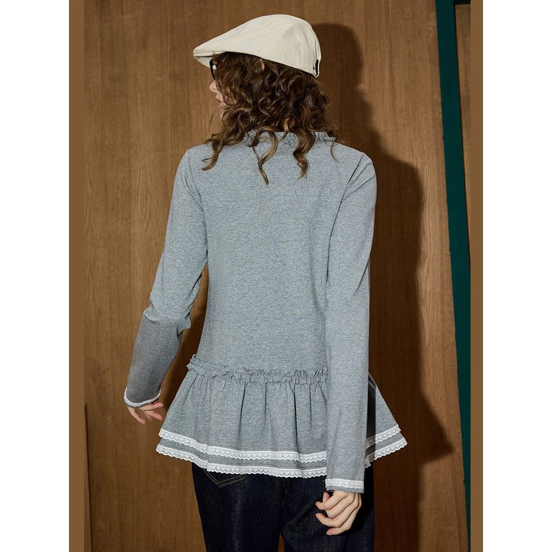 Coolhut Solid Color Simple Versatile Slimming Design with Lace Trim Round Neck 2025 New Women's T-Shirt