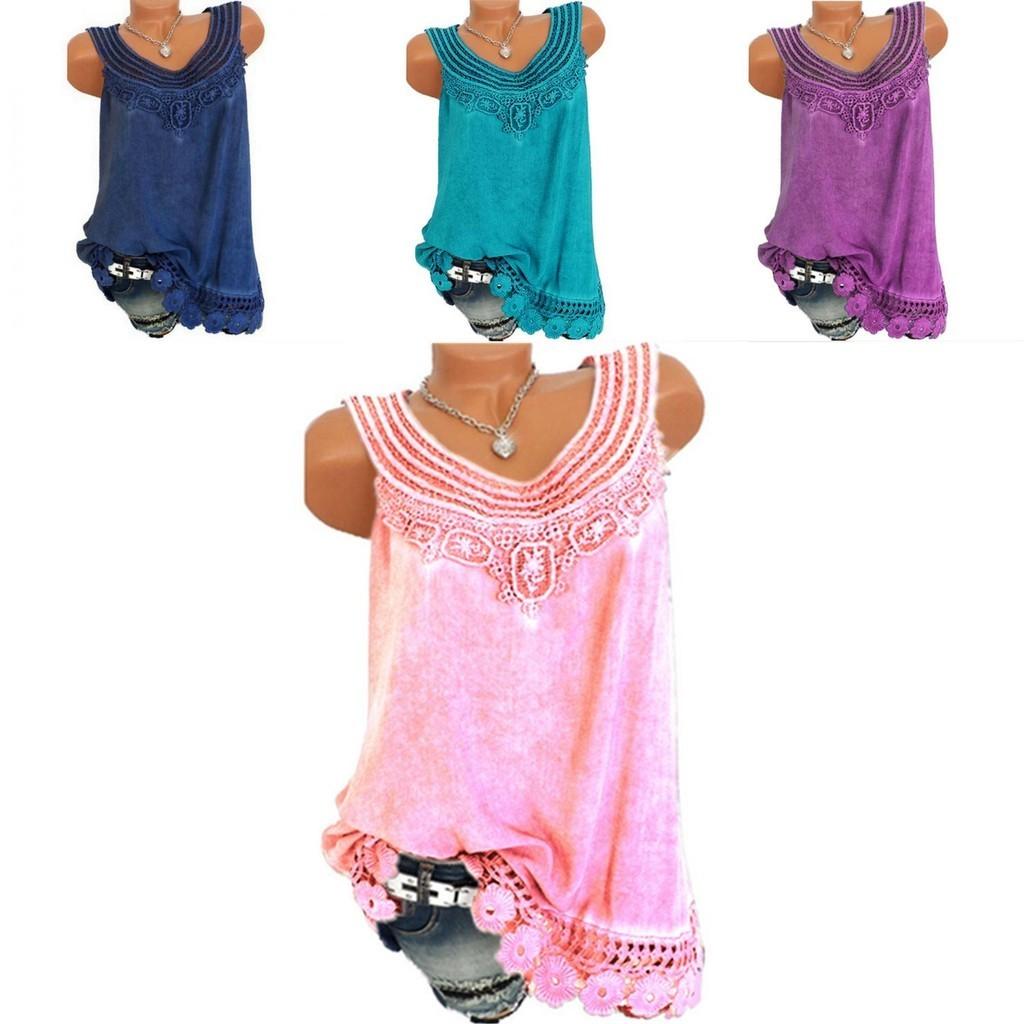Women's Loose Sleeveless Vest T-shirt Blouse With Elegant Boho Lace Design In Plus Sizes