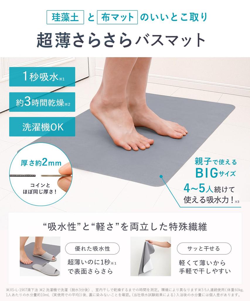 Shogeki SHOCK Magical Bath Large Made in Incredibly Thin and Absorbent Ultra-Thin, Smooth, Mat, (50x80cm), Gray, Japan, Non-Slip,