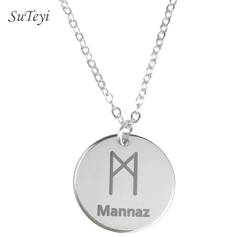 Round 25 Rune Letter Pendant Necklace Silver Color Stainless Steel Disc Viking Necklaces For Women Men