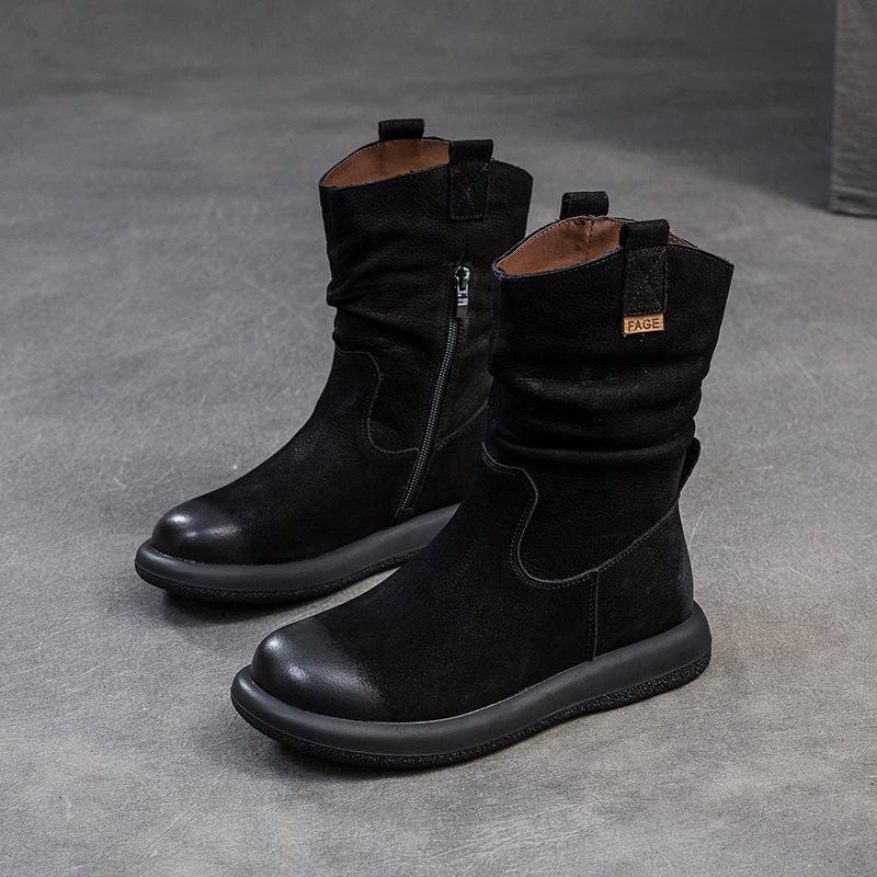 Fashion GKTINOO 2024 Autumn Winter New Retro Handmade Flat Mid-calf Boots Genuine Leather Round Toe Knight Boots Soft Women's Shoes