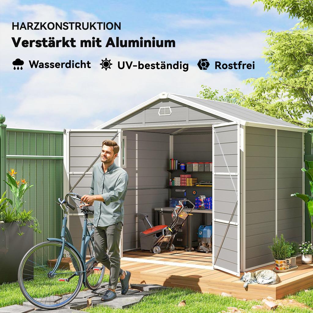 7.9ft X 6.2ft Aluminium Frame and Plastic Wall Shed, with Foundation - Light Grey