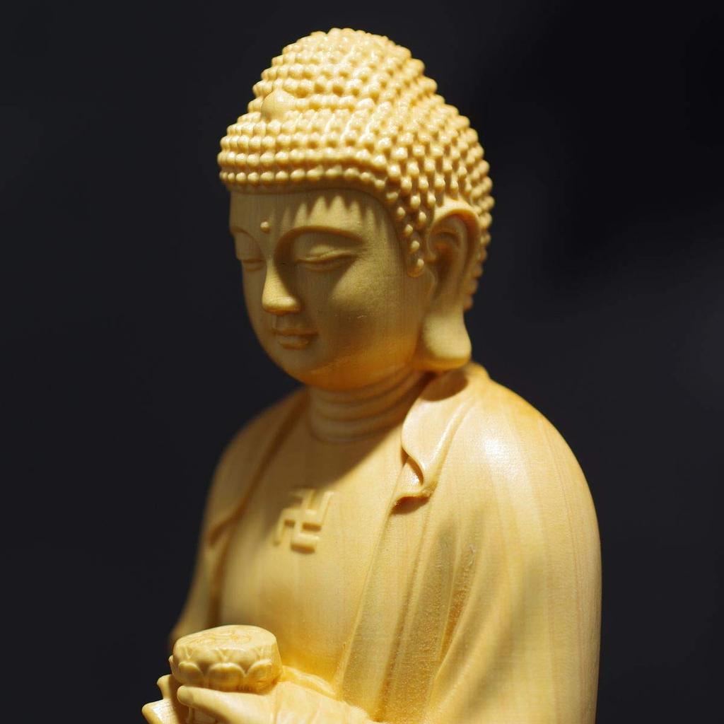 Stehende Amitabha Buddha Statue, Ungefähr 20 cm hoch, Aus natürlichem Buchsbaum gefertigt, Amitabha Buddha, Holzschnitzerei, [Produktcode]