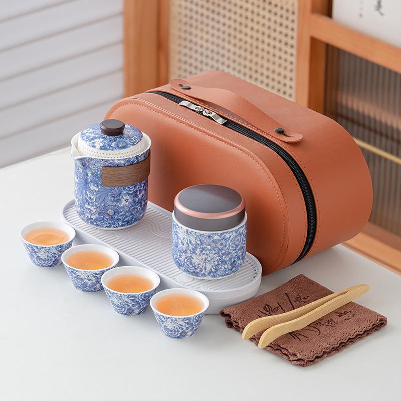 Dehua white porcelain light luxury national style flower tea set Lingxue pot outdoor camping travel set business