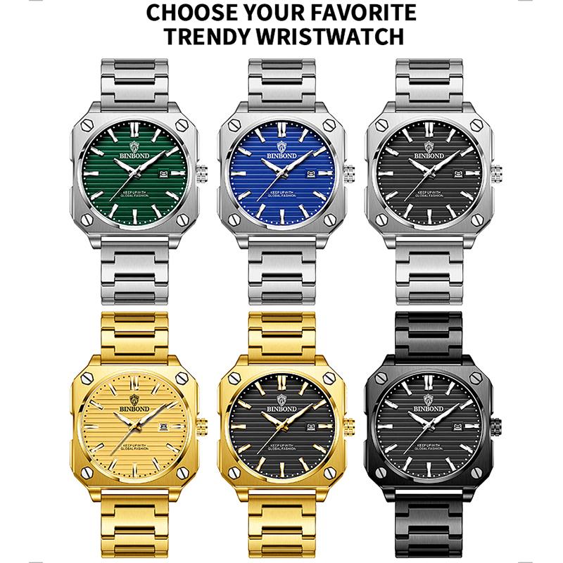 Mode Quadratische Business Herren Quarzuhren Wasserdicht Leuchtend Kalender Luxus Edelstahl Armband Armbanduhren Herren Geschenke