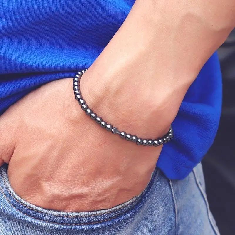 Nowa Bransoletka Krzyżyk Męska 4mm Bransoletka z Kamienia Naturalnego Naturalny Tygrysie Oko Koraliki Ryżowe Bransoletka Homme Akcesoria Męskie
